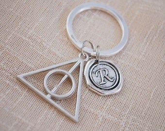 Deathly hallows keyring, Harry potter keyring, FREE SHIPPING, harry potter gift, initial keyring, famous books, silver key chain