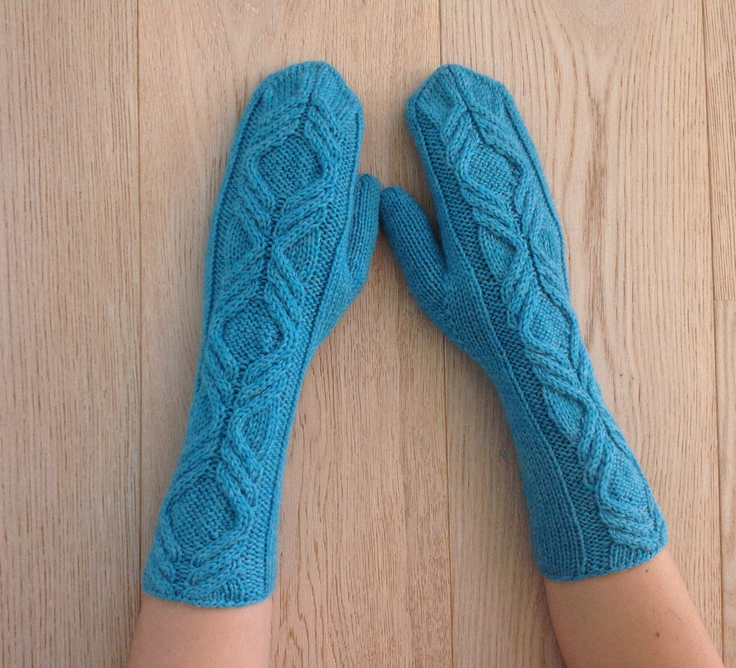 Hand-knitted mittens with pattern / Knitted wool long mittens