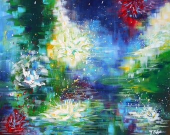Blue Abstract Original Acrylic Painting, Modern Art, White Flower Painting, Abstract Floral Wall Art Canvas, Hand painted Contemporary Art