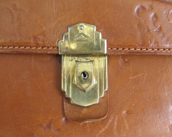 Vintage leather satchel, attache, honey / caramel brown saddle leather handbag, art deco style schoolbag, patterened briefcase, work bag