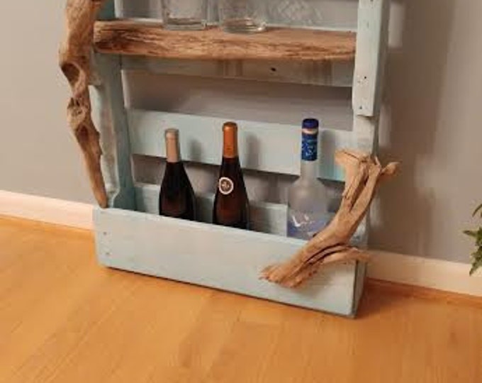 Wine rack made from pallet wood w/ driftwood shelf and accents.