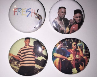 Set of 4 DJ Jazzy Jeff & The Fresh Prince Of Bel Air Buttons sized at 1.25 inches - Philly old school hip hop Will Smith D.J.