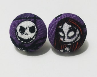 Nightmare Before Christmas Fabric Cover Button Earrings; Nightmare Before Christmas Earrings, Nightmare Before Christmas Jewelry