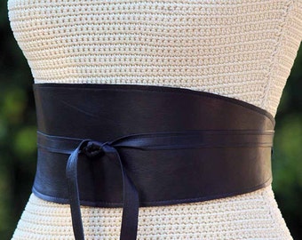 REVERSIBLE Black Leather Wide Obi Wrap Sash Belt - bonus reversible fabric print - XS S M L XL Petite & Plus Size - Cinch Sash Custom Made