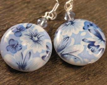 Blue flowers on white genuine shell beads, swarovski crystal handmade earrings