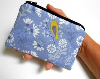 Bird Zipper Pouch Little Coin Purse ECO Friendly Padded Little Bird on Blue