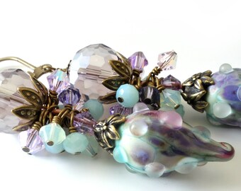 Lavender Lampwork Earrings, Aqua, Violet, Light Pink, Lampwork Headpins, Crystal Cluster, Antique Brass, Beaded Jewelry, Beaded Earrings