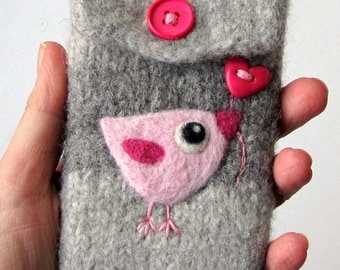 Gray wool pouch bag purse cozy with metal clasp needle felted pink birdie bird heart
