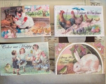 Sale / Vintage Style / Easter Decorations / Four Items / Assorted / Postcard / Altered Art / Assemblage / Stretched Canvas