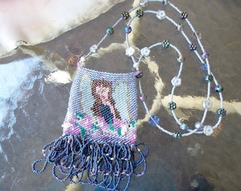 Garden Fairy Amulet Bag Hand Loom Beaded, Long Beaded Necklace in Blue, Lavender, Silver to Wear, Hang on Dresser Mirror, Treasure Keeper