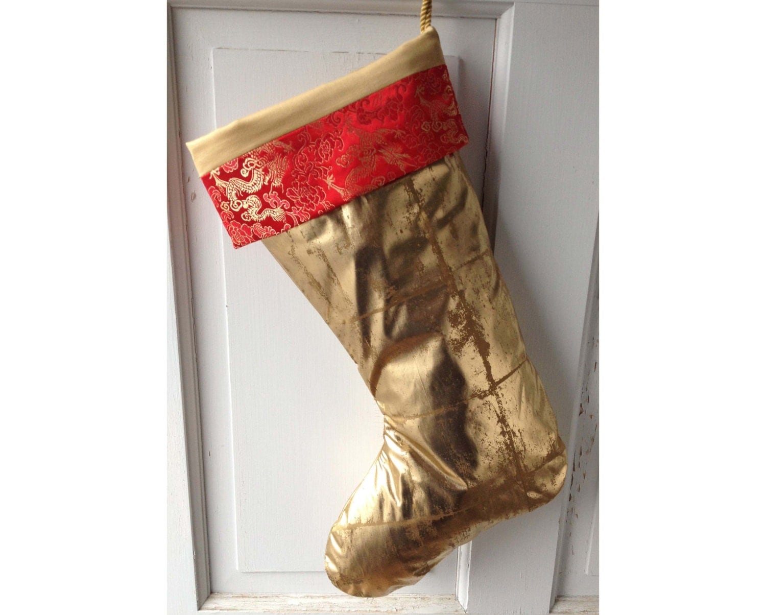 Large Modern Gold Christmas Stocking with Red Dragon Cuff