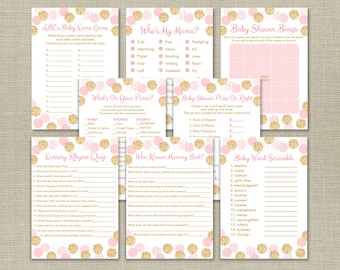 Glitter Baby Shower Games Package / Glitter Baby Shower Games / Glitter Dots / Blush Pink & Gold / 8 Printable Games / INSTANT DOWNLOAD