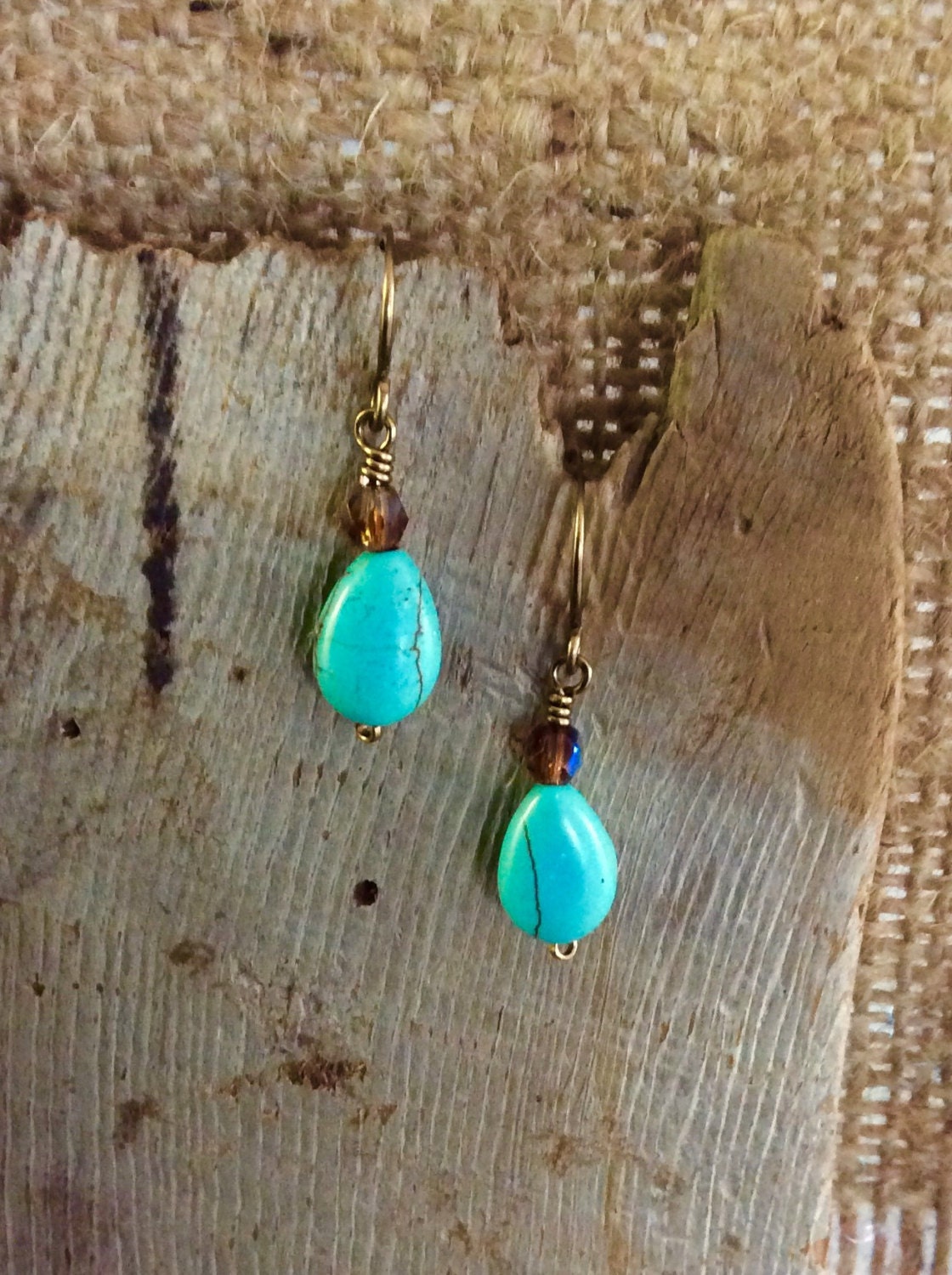 Turquoise Drop Earrings Antique Bronze Brown Crystal By Sewartzee