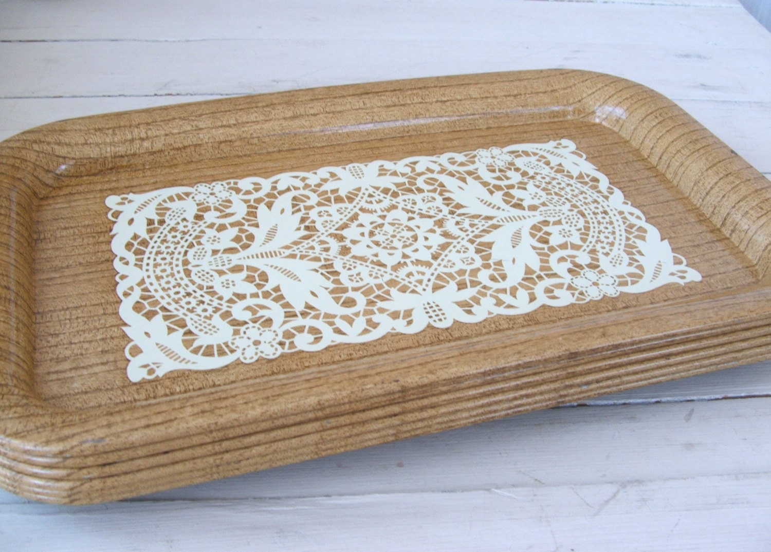 Set of 6 Metal TV Lap Trays Lace on Wood Design