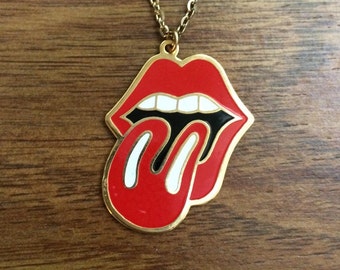 Brand New Vintage Rolling Stones Tongue Necklace - 16" or 18" Gold Chain - NOS
