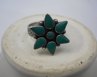 Turquoise Ring Repurposed Vintage Jewelry Part on Adjustable Ornate Silver Ring Band Real Stone in Sterling Silver Up Cycled Boho Tribal