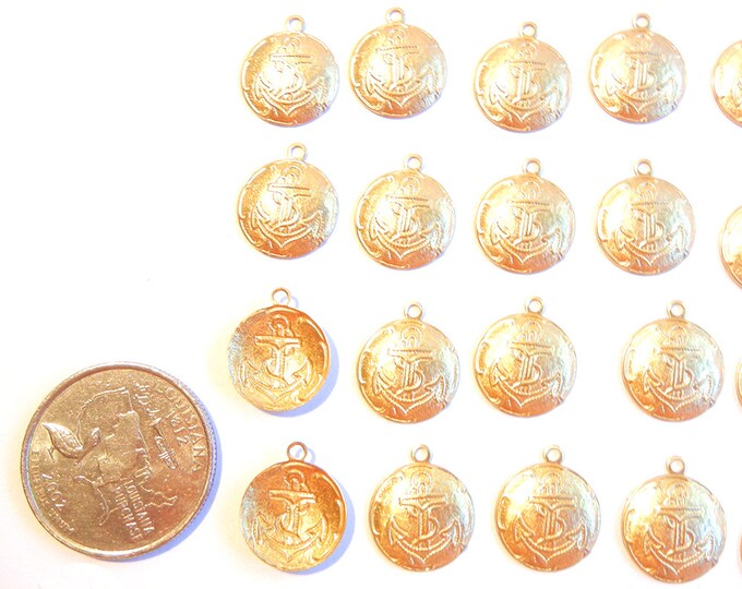 24 or 12 Pairs of Round Brass Charms with Anchors and Rope Embossing
