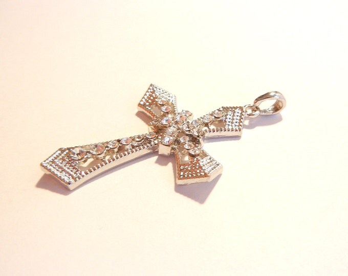 Silver-tone Cross with Marcasite Texture and Rhinestones