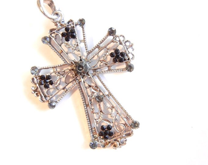 Antique Silver-tone Filigree Cross with Black and Gray Rhinestone Pendant