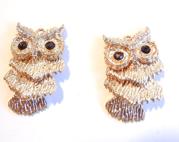 Pair of Gold-tone Articulated Owl Charms Rhinestones