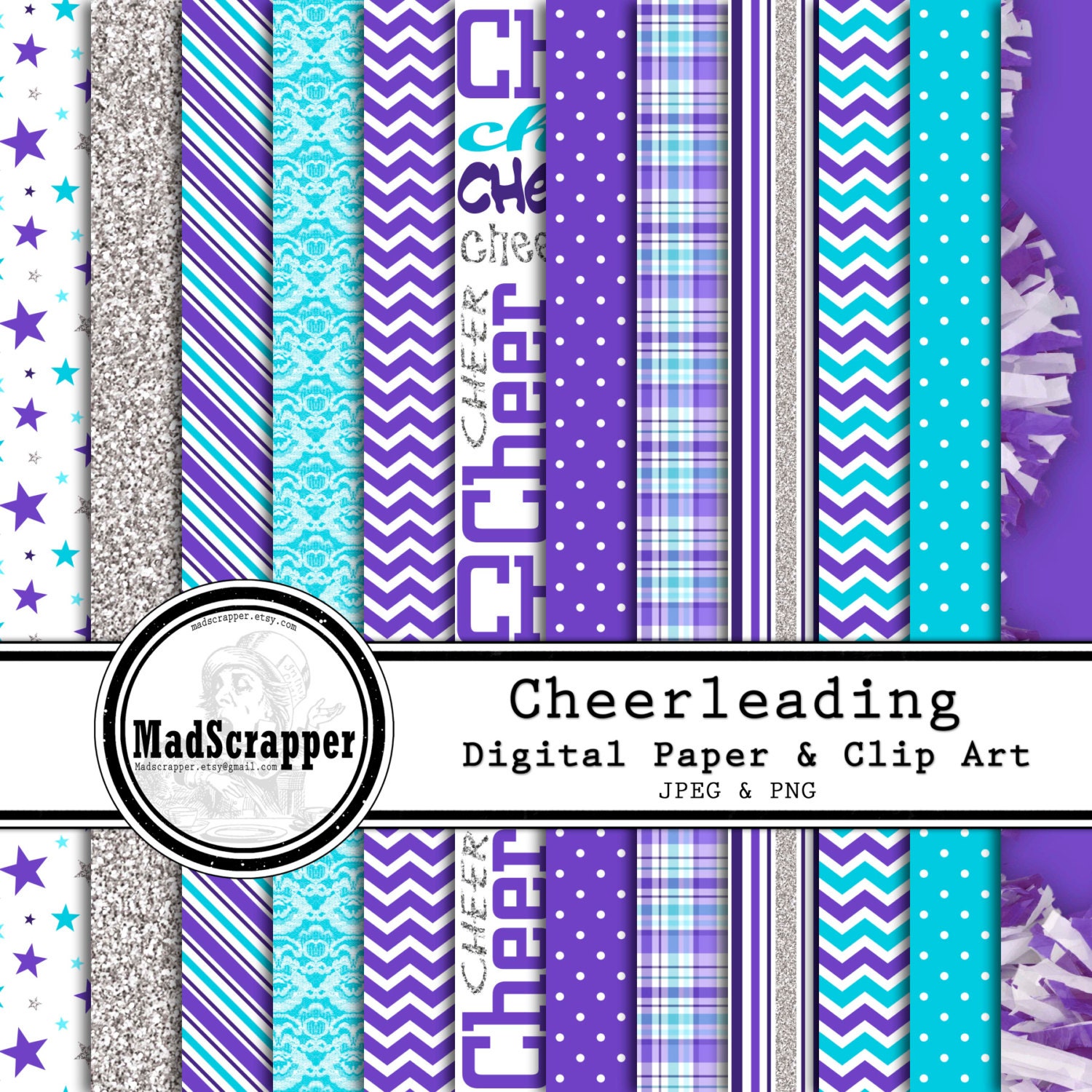 Digital Scrapbook Paper Cheerleading Purple & Blue 12 Patterns
