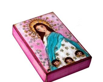 Immaculate Conception with Angels - Aceo print mounted on Wood (2.5 x 3.5) Folk Art by FLOR LARIOS