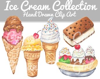 Ice Cream Clip Art - Food Clipart, Hand Drawn Clip Art, Food Illustration, Marker Art, Ice Cream Cone, Banana Split, Digital Download