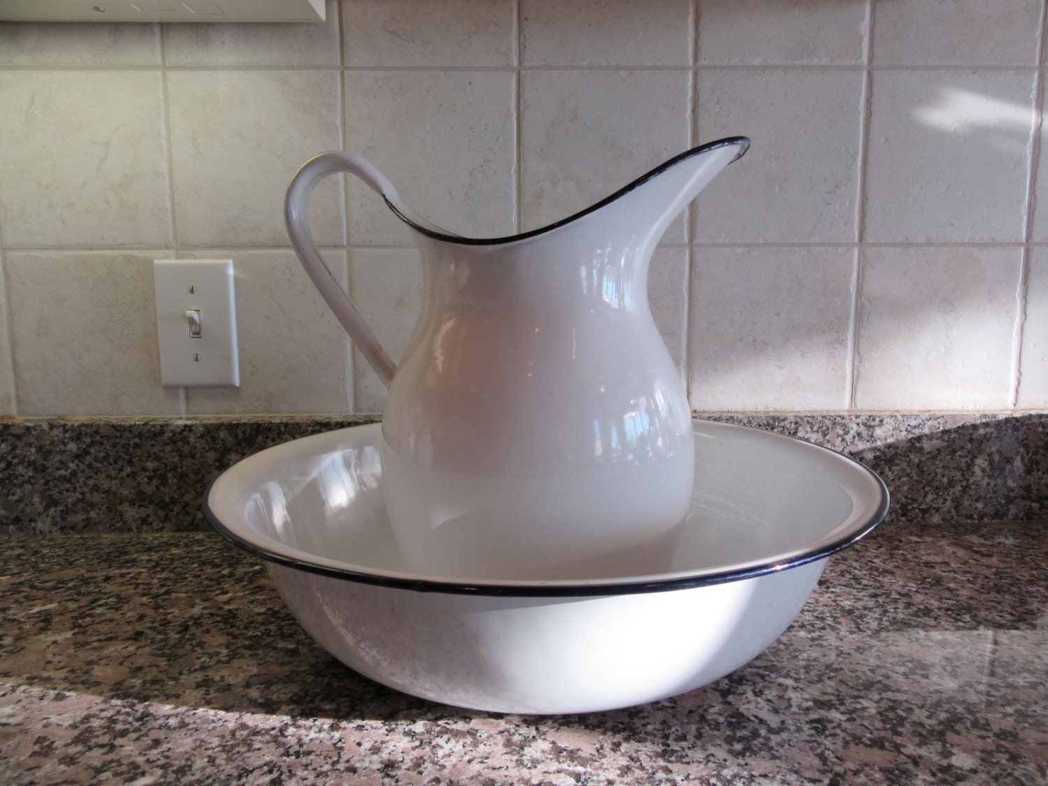 Very large vintage white enamel enamelware pitcher with bowl