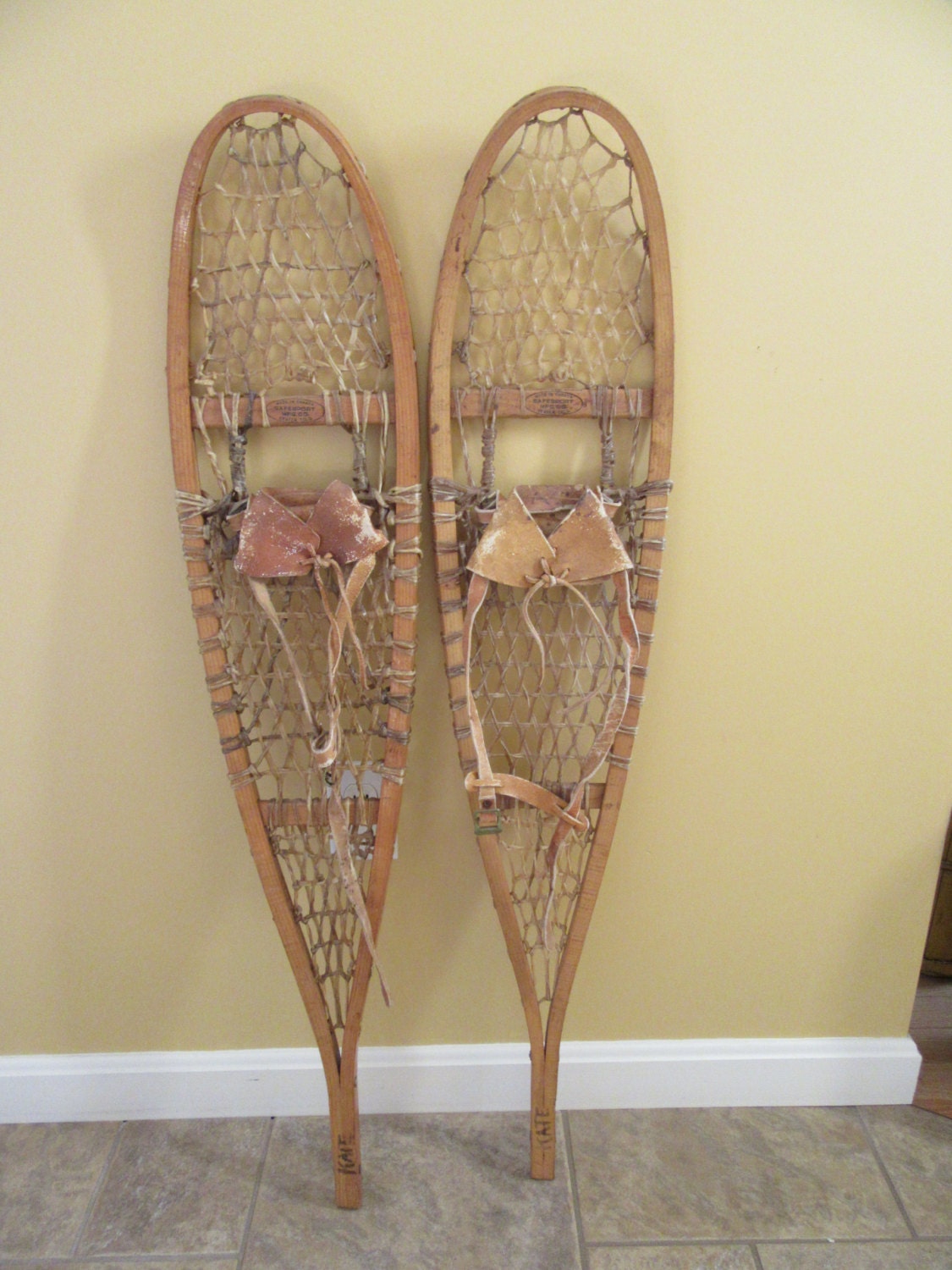 Reduced...Nice vintage wood and rawhide snowshoes with leather