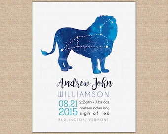Leo Constellation, Baby Birth Stats, Unique Baby Gift, Birth Announcement, Baby Stats Wall Art, Baby Boy Nursery, Leo // N-XC11-1PS AA6 06P