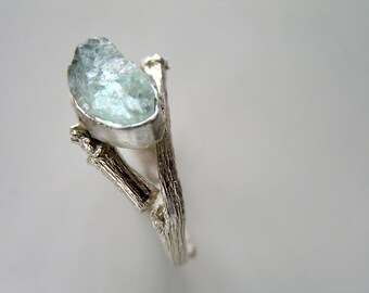 Aquamarine Sterling Silver Ring. Raw Aquamarine Twig Ring. Rough Aquamarine. MADE TO ORDER.