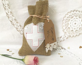 Stitched Hessian Hangover Kit Wedding Favour Bag with optional Handprinted Tag