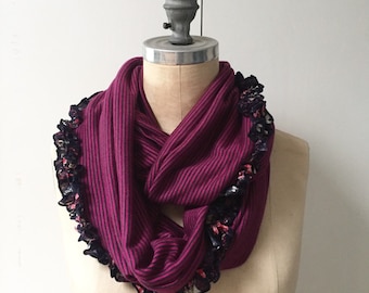 The Infinity Scarf in Magenta Stripe with Floral Ruffle