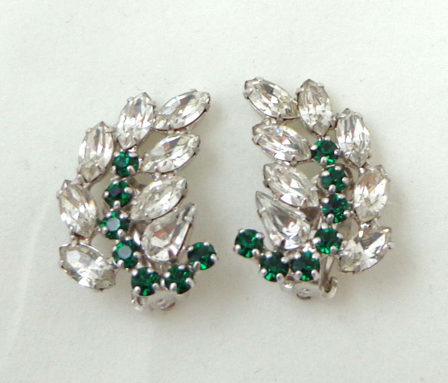 SALE B David Earrings Rhinestone Emerald Clip Back Silver Signed Leaf ...
