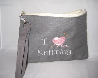 Knitting Notions Bag - Embroidered - Zippered with wristlet - I (heart) Knitting embroidered with variegated thread