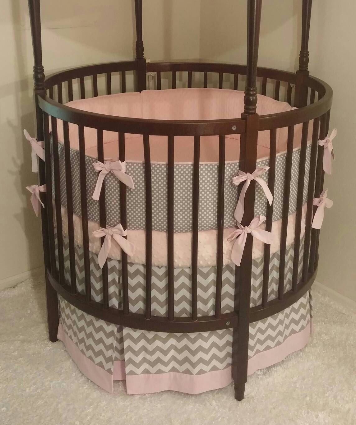 Modern Gray and Pink Round Crib Bedding
