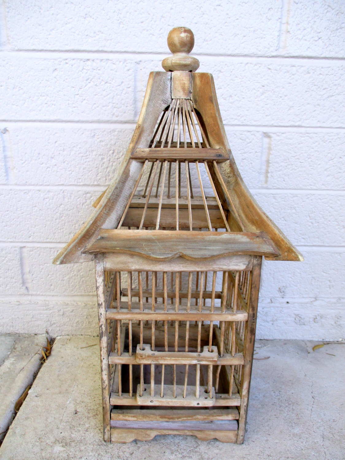 Vintage Asian Bird Cage Wooden Bamboo Japanese Weathered Wood