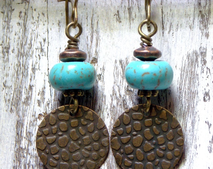 Boho Earrings Small Dangle Earrings Rustic Circle Woodland Jewelry Brass Earrings Textured Hammered Turquoise Drop Minimalist Jewelry