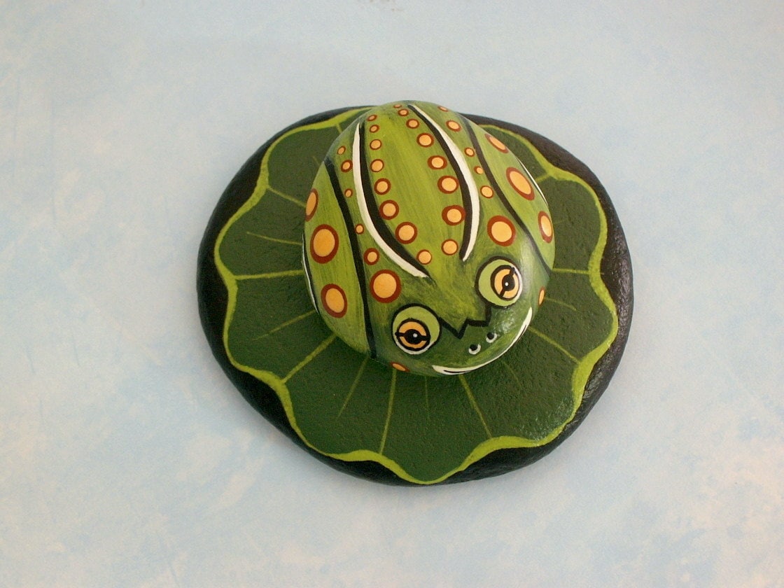 Frog on lily padpainted rocksspringdish garden decorunique