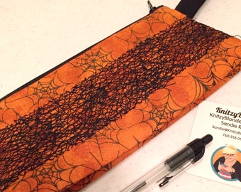 Knitting Project Bag Notions Zipper Pouch Halloween Orange & Black Spider Webs Smaller Size