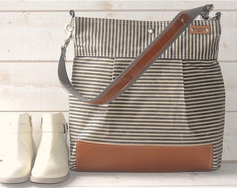 GRAY Waxed canvas Diaper bag / Messenger bag Stockholm nautical striped Leather / Ikabags Featured on The Martha Stewart F1