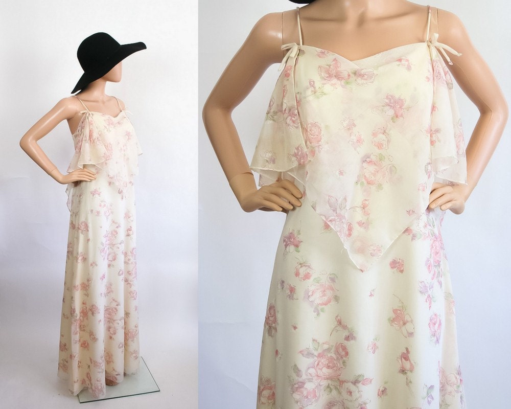 Vintage Hippie Prom Dress / 1970s Floral Boho Evening Party
