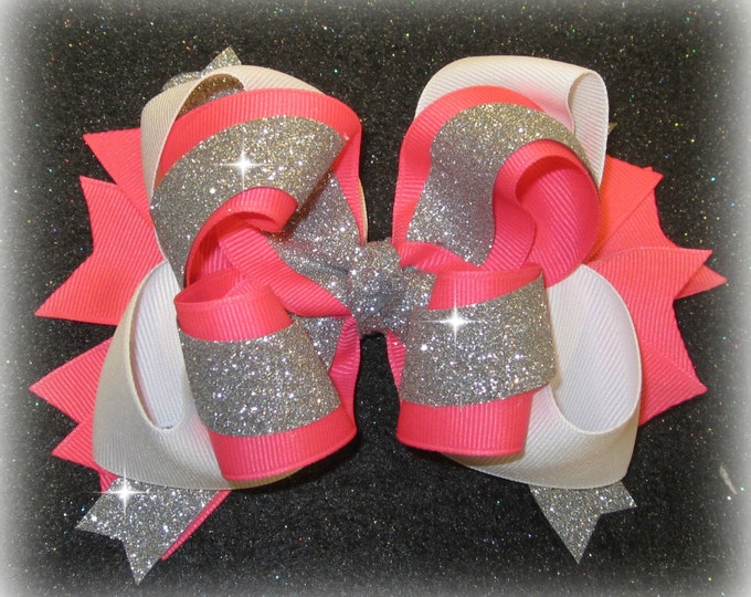 Boutique Hair Bow, Large 6 Inch Bow, Glitter Bows, Neon Bow, Triple Layered Bow, Texas Size Hair Bow, Pageant Bow, Large Bow, Glitzy Glow gl