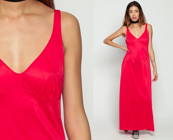 Long Nightgown Lingerie Slip Dress Red 70s Boho PLUNGE Nylon