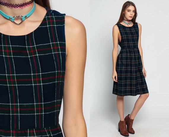 plaid dress pinafore 80s pencil midi jumper wiggle navy blue plaid dress pinafore 80s pencil midi jumper wiggle navy blue