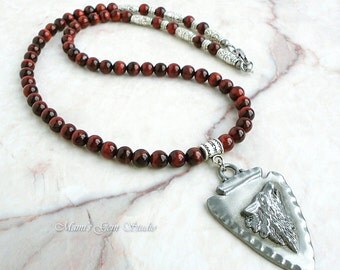 Red Tiger Eye Necklace for Men, Wolf pendant, Tribal, Native American - Handmade Men's Beaded Jewelry, for Guys, Him