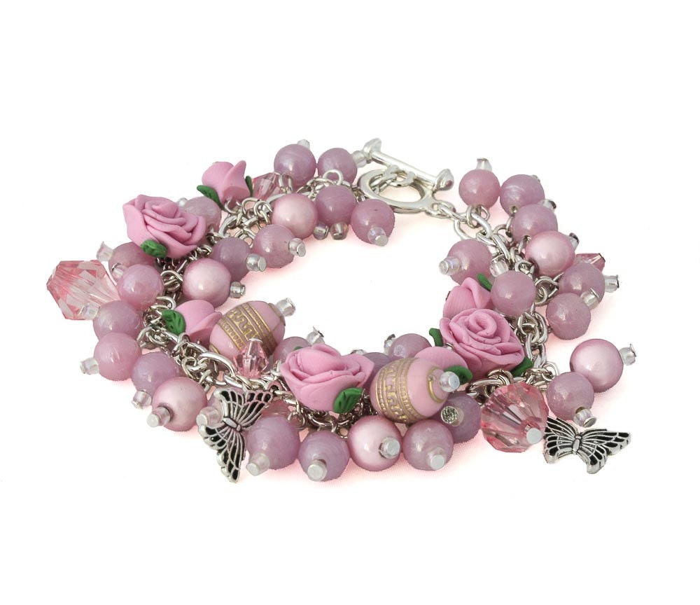Rose Bracelet Silver Charm Bracelet Floral Jewelry Pink