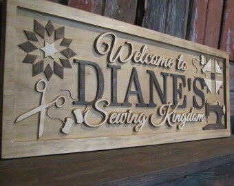 Personalized Name Sign Sewing Room Sign Sewing machine Quilting Pattern Sign Custom Wood Family Last name Sign wedding gift scissors thread