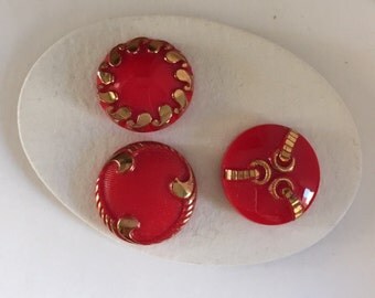 3 Vintage Czech Glass Buttons - Gold Metallic on Red Glass