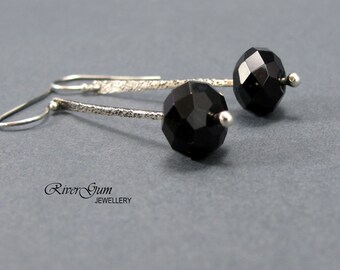 Black Onyx Silver Earrings, Long Argentium Silver Forged Stem Earrings, Contemporary, Handmade by RiverGum Jewellery